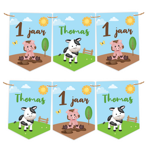 gepersonaliseerde slinger boerderij met koe en varken - Print je Feestje