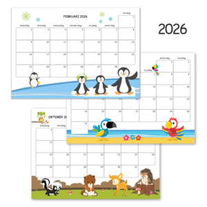 kinderkalender 2026 met illustraties van dieren per maand een aparte A4 printen