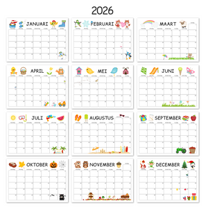 kinderkalender 2026 met afbeeldingen van seizoenen en feestdagen