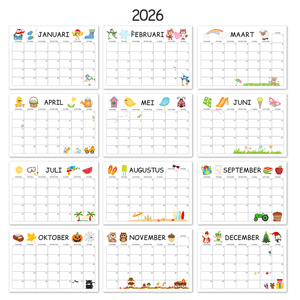 kinderkalender 2026 met afbeeldingen van seizoenen en feestdagen