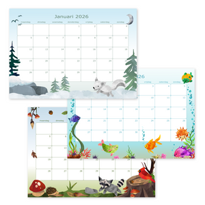 maandkalender 2026 met dieren in aquarel