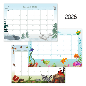 maandkalender 2026 met dieren in aquarel