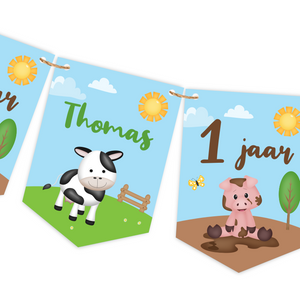 naamslinger boerderij met koe en varken