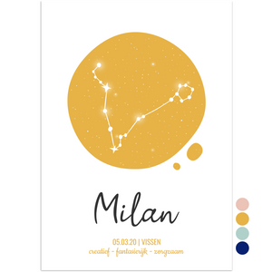 geboorteposter sterrenbeeld vissen okergeel - print je feestje