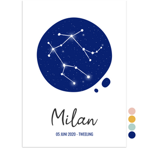 poster sterrenbeeld tweeling blauw - print je feestje