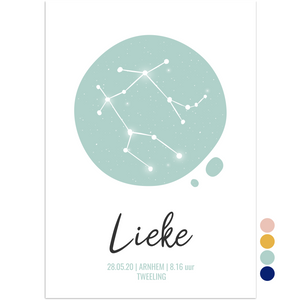 geboorteposter sterrenbeeld tweeling mintgroen - Print je Feestje