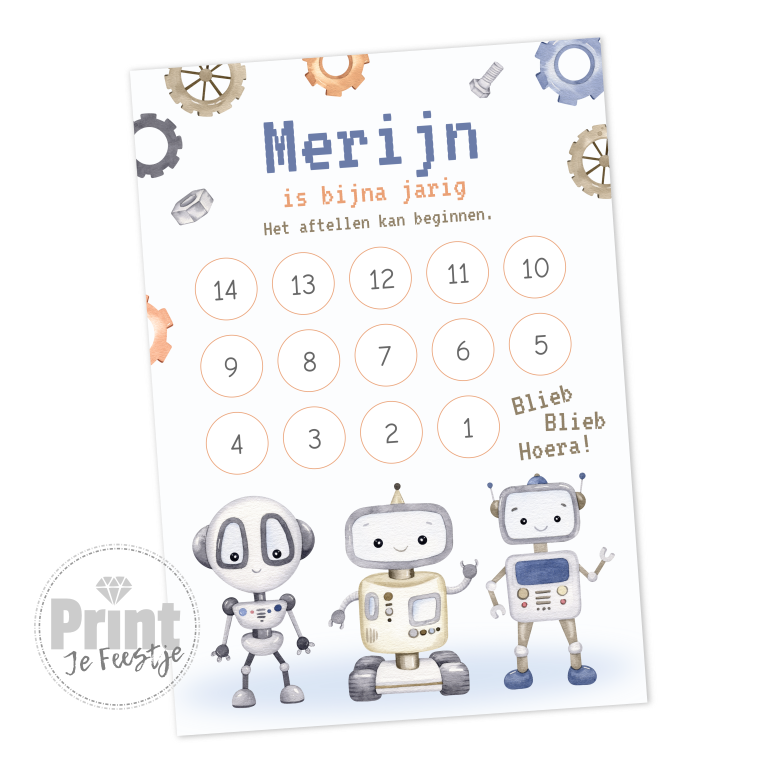 aftelkalender verjaardag robot - Print je Feestje