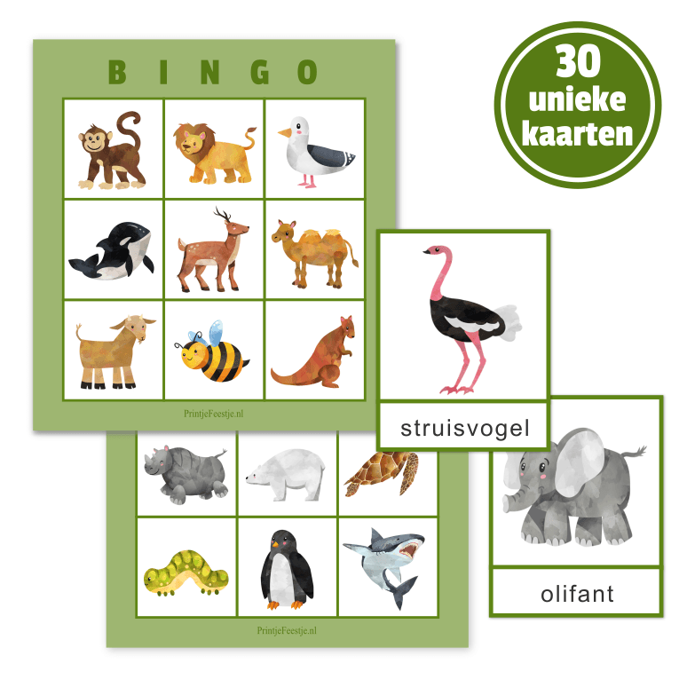 dierenbingo voor 30 kinderen voor grote groep