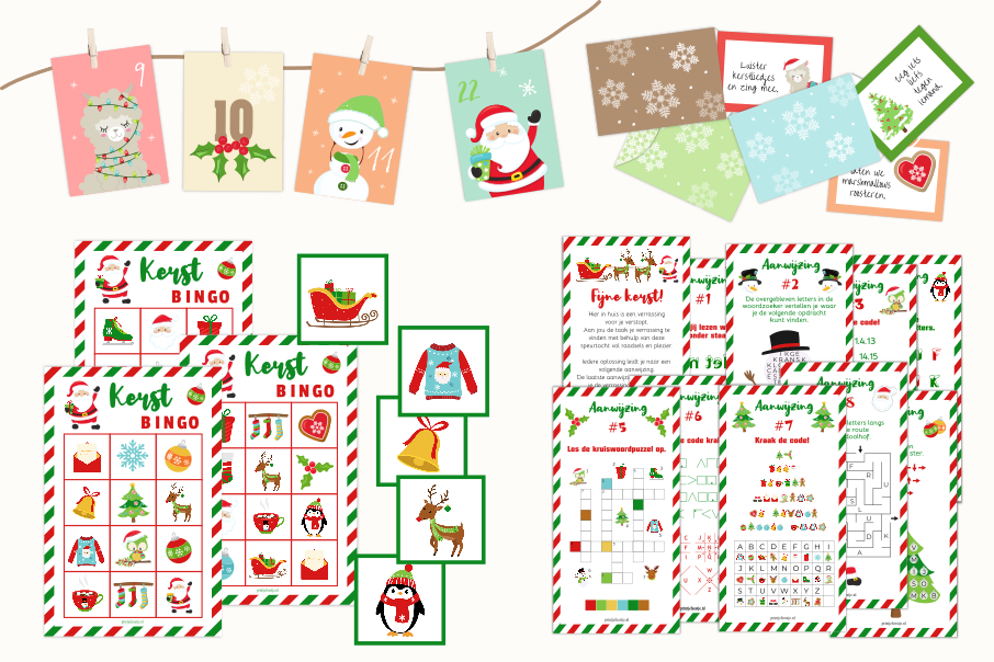 kerst printables zoals kerst bingo en kerst speurtocht en adventskalenders