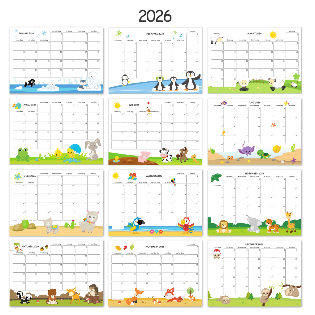 kinderkalender 2026 printen met dieren