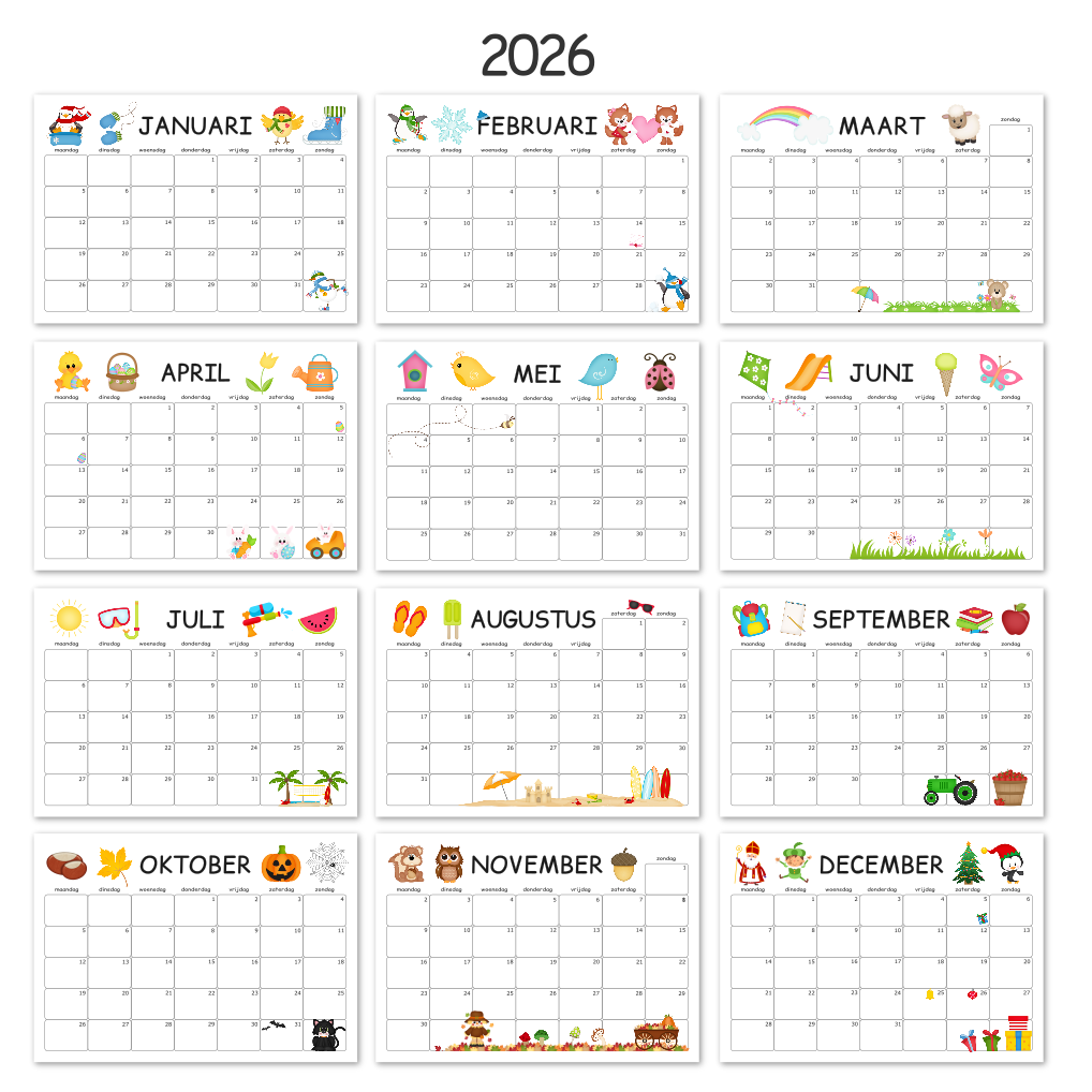 kinderkalender 2026 met afbeeldingen van seizoenen en feestdagen