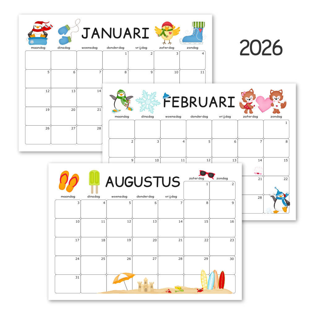 kinderkalender 026 met illustraties van seizoenen en feestdagen om zelf te printen