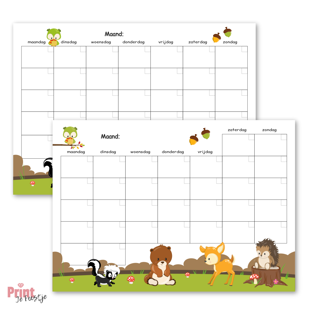 lege maandkalender voor kinderen met afbeelding van bosdieren