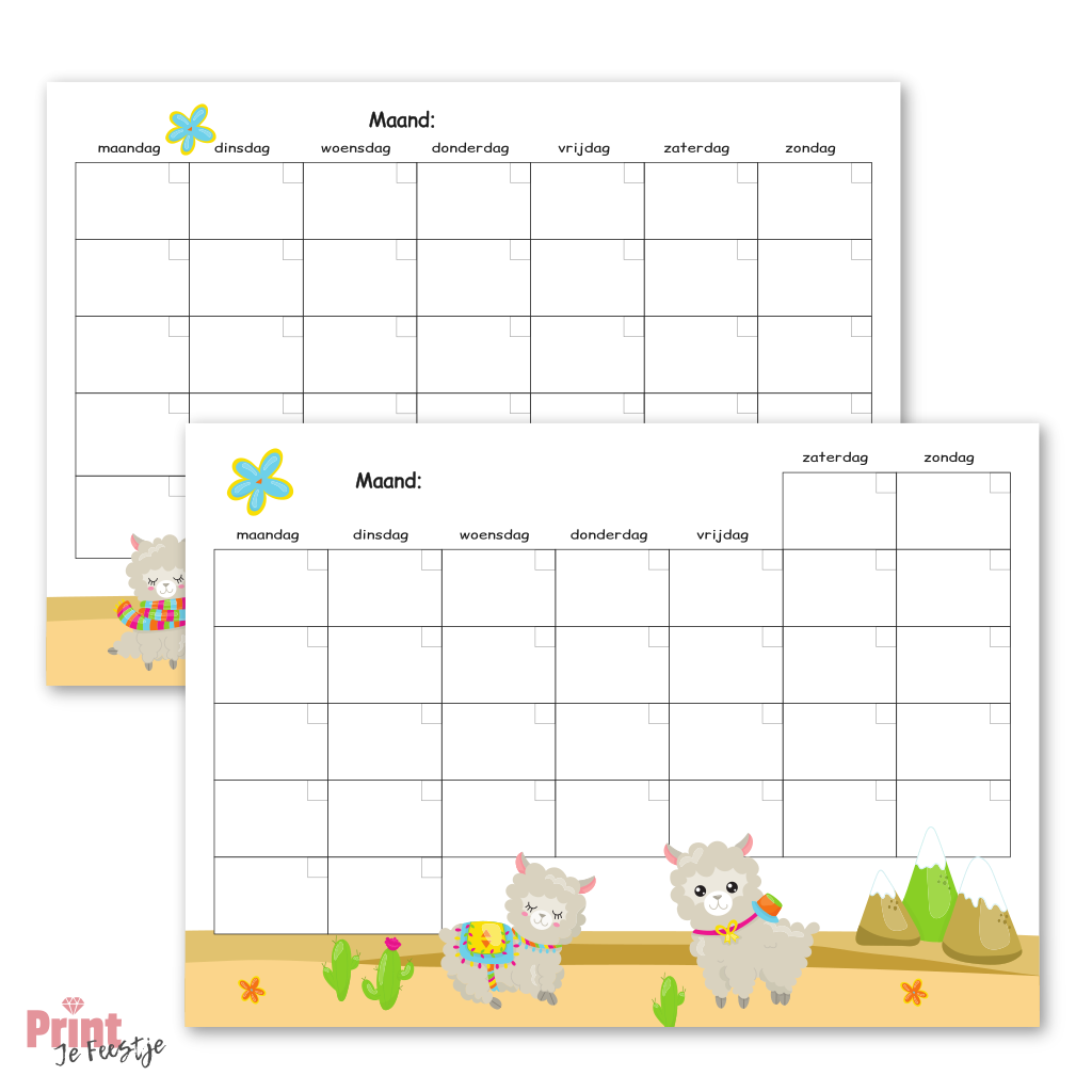 lege maandkalender dieren met lama's voor kinderen