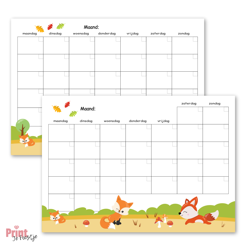 lege maandkalender met illustratie vosjes om zelf af te drukken
