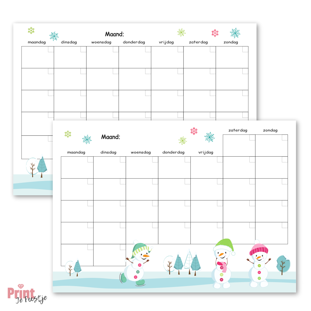 lege maandkalender winter sneeuwpoppen