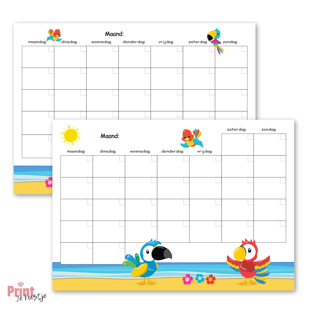 lege maandkalender voor de zomermaanden met illustratie van tropische vogels