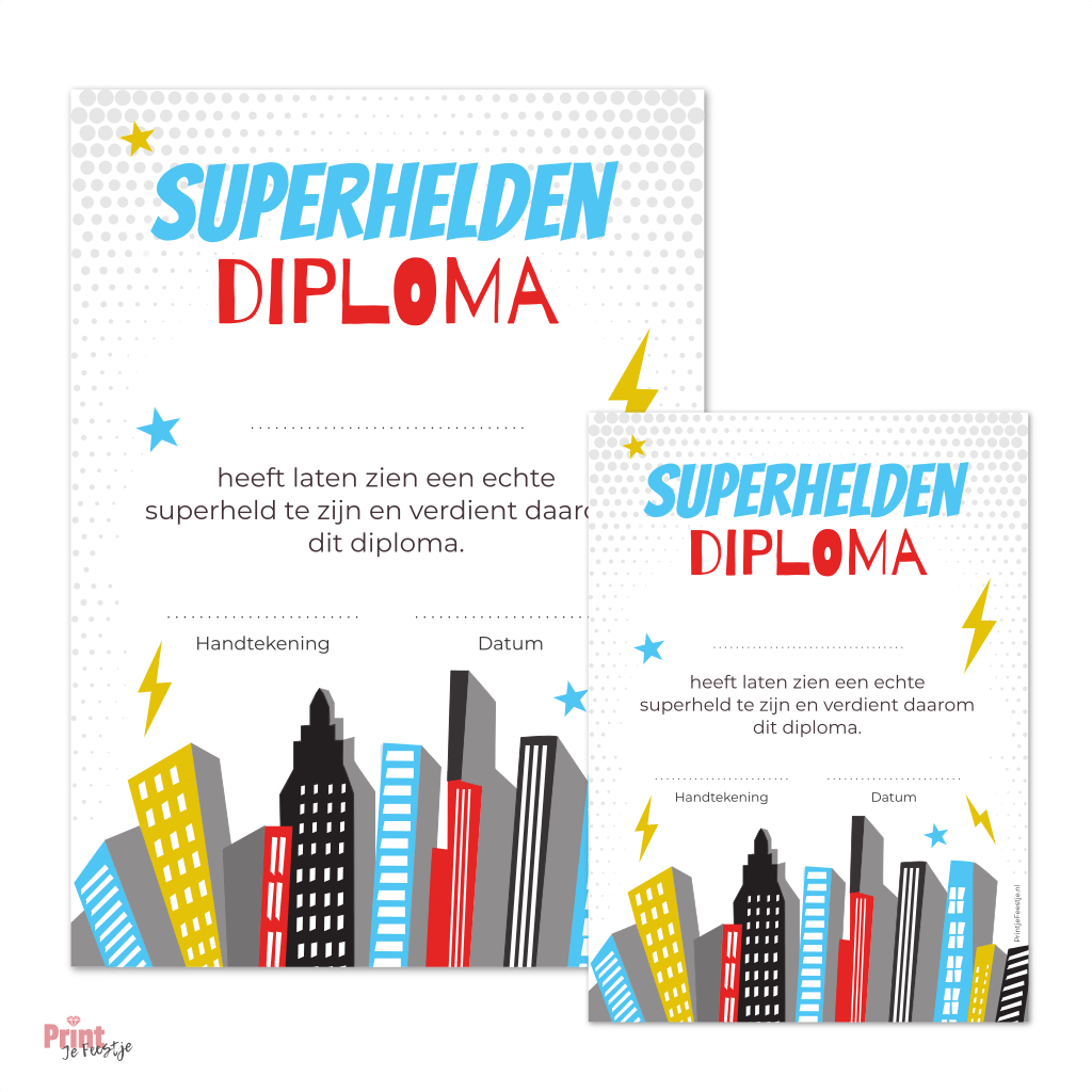 superhelden diploma kinderfeestje zelf printen
