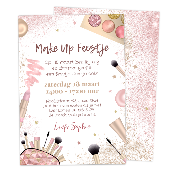 uitnodiging make up feestje in roze en goud