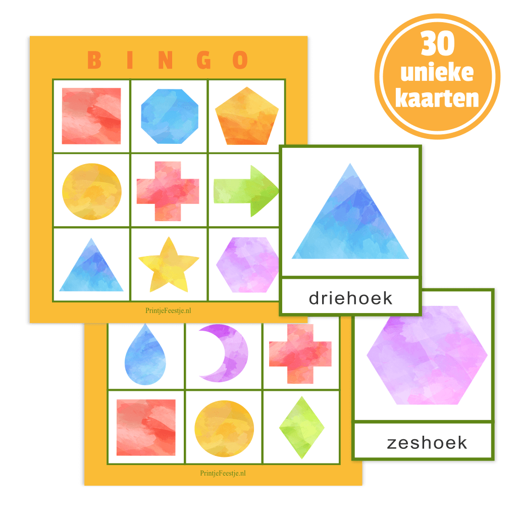 vormen bingo met 30 speelkaarten voor school of bso