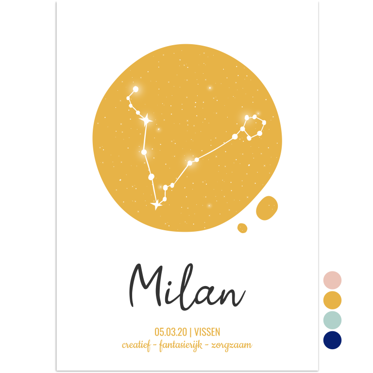 geboorteposter sterrenbeeld vissen okergeel - print je feestje