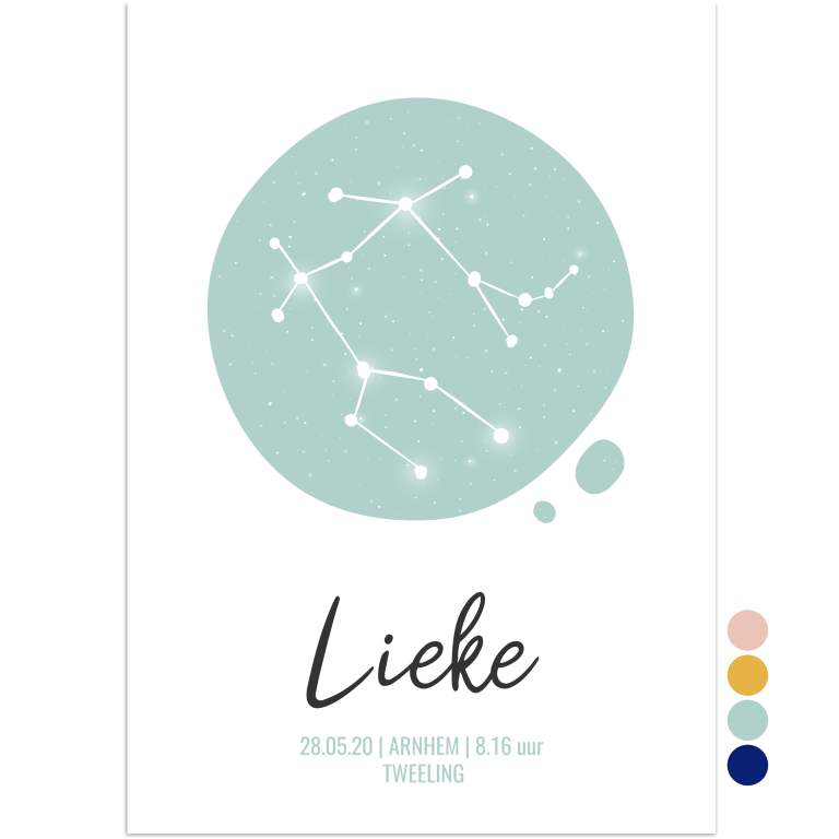 geboorteposter sterrenbeeld tweeling mintgroen - Print je Feestje