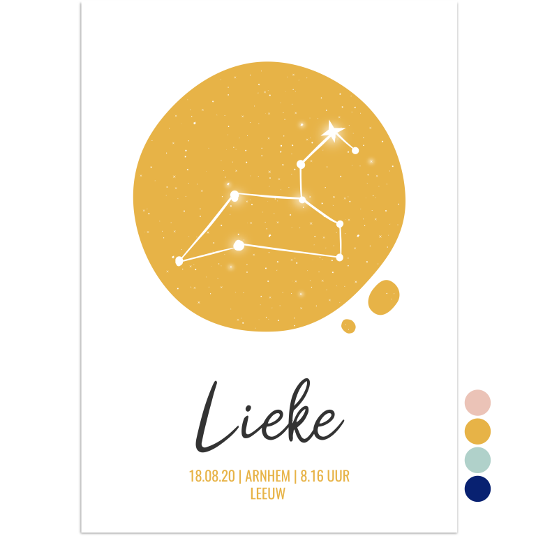 poster sterrenbeeld leeuw sterrenhemel okergeel - print je feestje