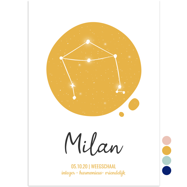 naamposter sterrenhemel weegschaal okergeel - Print je Feestje