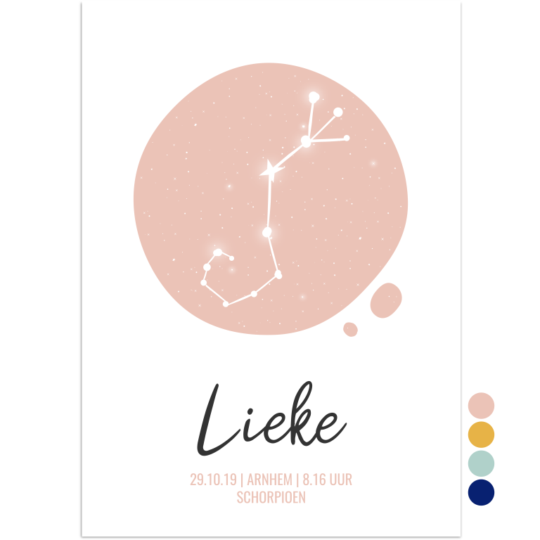 geboorteposter digitaal sterrenbeeld schorpioen roze - print je feestje
