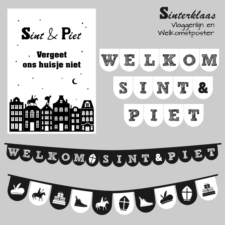 Sinterklaas printables: raamposter vlaggenlijn in wit - Print je Feestje