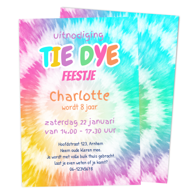 Uitnodiging Tie Dye kinderfeestje Print je Feestje