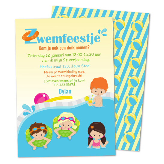 uitnodiging zwemfeestje zwemmen kinderfeestje - Print je Feestje