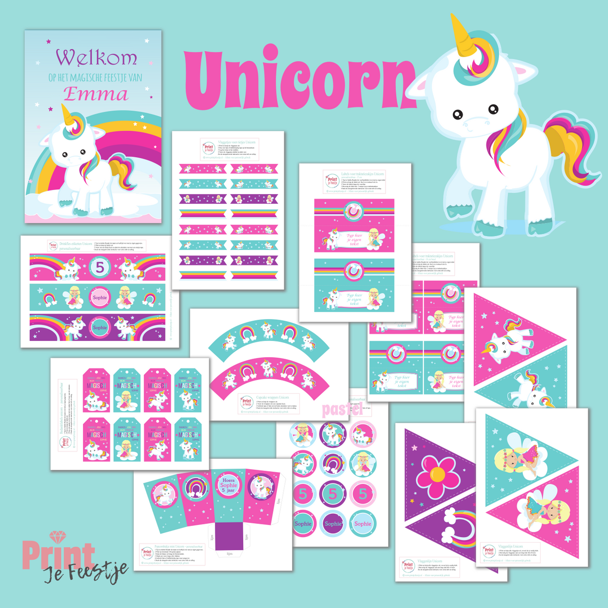 feestpakket eenhoorn unicorn printables - print je feestje